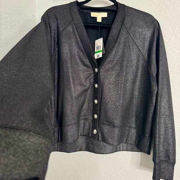 Michael by Michael Kors Metallic Grey Shimmery Button Up Sweater - Picture 6 of 9